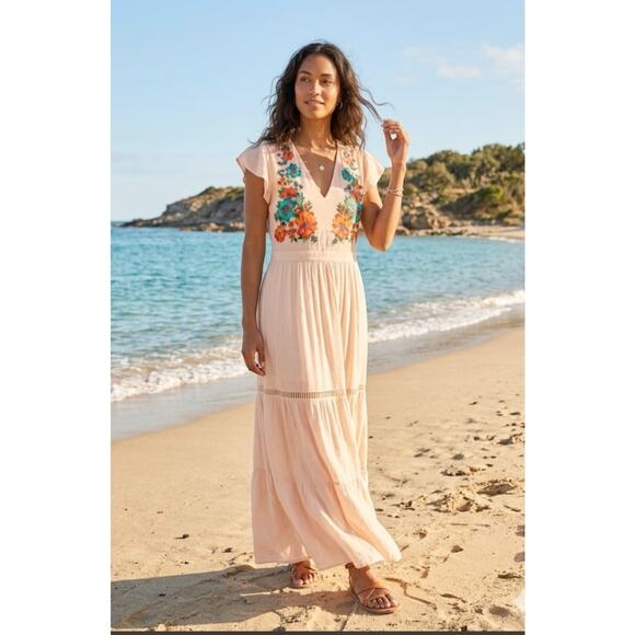 Miss Me Dresses & Skirts - 5579) Miss Me Blush Boho Floral Embroidery Side Slit Peasant Maxi Dress Small